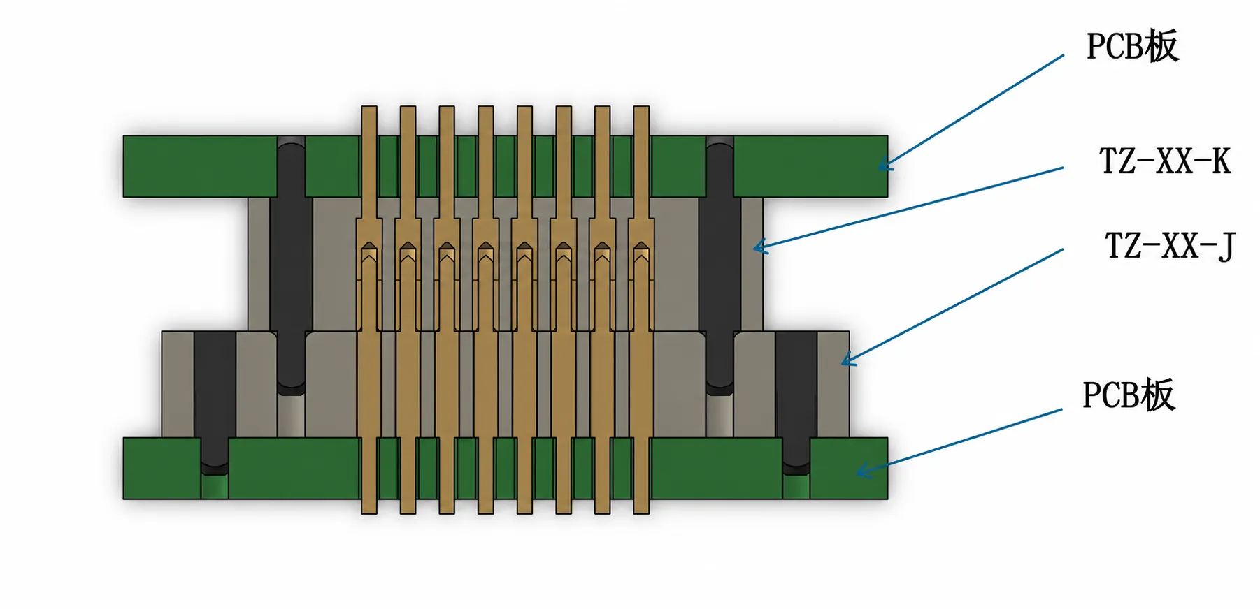 TZ series rigid-pin and slotted-receptacle multi-contact board-to-board interconnect structure